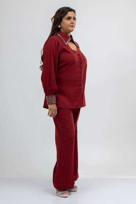 Buy_Mamicha_Maroon Crepe Embroidery Keyhole Neck Deco Co-ord Set_Online_at_Aza_Fashions