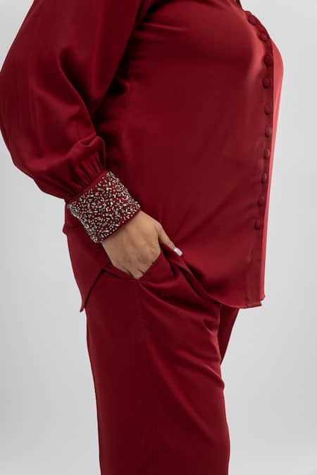 Shop_Mamicha_Maroon Crepe Embroidery Keyhole Neck Deco Co-ord Set_Online_at_Aza_Fashions