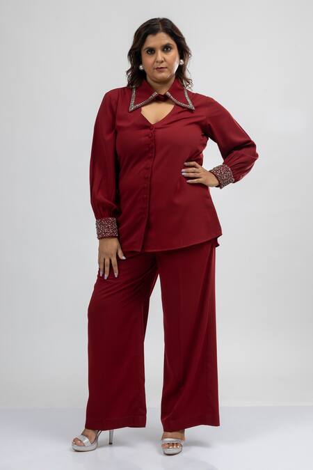 Mamicha_Maroon Crepe Embroidery Keyhole Neck Deco Co-ord Set_at_Aza_Fashions