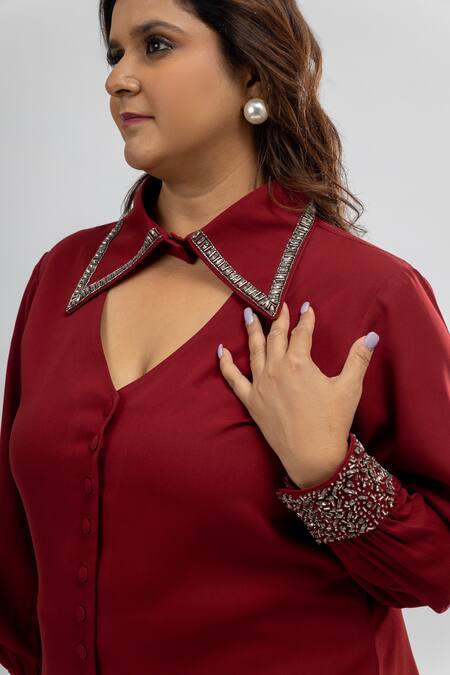 Buy_Mamicha_Maroon Crepe Embroidery Keyhole Neck Deco Co-ord Set