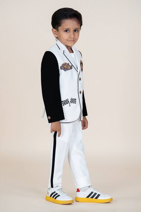 Little Boys Closet_White Embroidery Car Motif Blazer And Pant Set _Online_at_Aza_Fashions