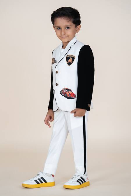 Shop_Little Boys Closet_White Embroidery Car Motif Blazer And Pant Set _Online_at_Aza_Fashions