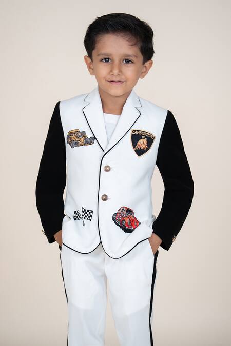 Little Boys Closet_White Embroidery Car Motif Blazer And Pant Set _at_Aza_Fashions
