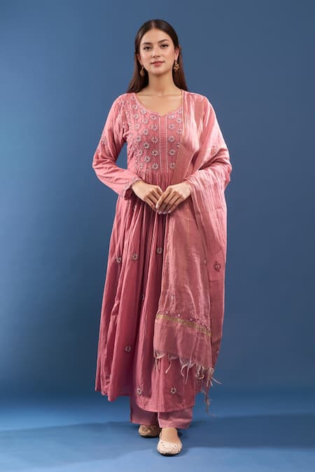 Samyukta Singhania Pink Chanderi Cotton Mirrors, Embroidery Round Neck Chikankari Kurta Set 