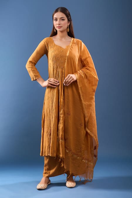 Samyukta Singhania Brown Chanderi Cotton Mirrors Round Neck Chikankari Kurta Set 