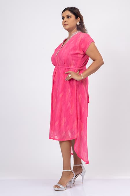 Mamicha_Pink Satin, Crepe Embroidery V-neck Antiquated Dress With Belt_Online_at_Aza_Fashions