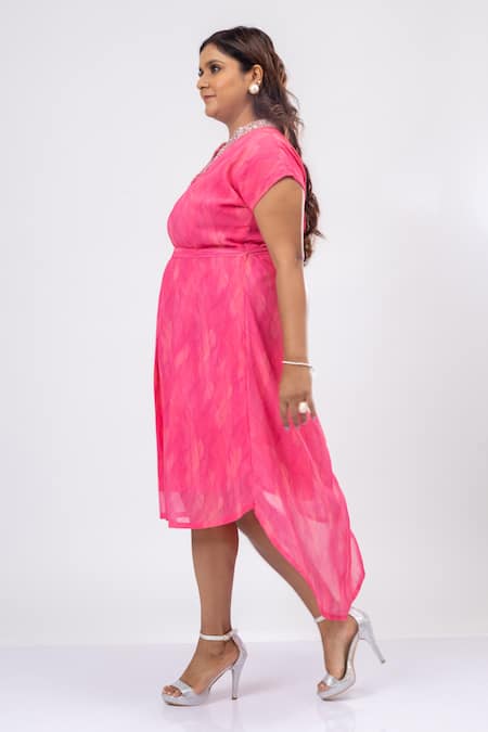 Buy_Mamicha_Pink Satin, Crepe Embroidery V-neck Antiquated Dress With Belt_Online_at_Aza_Fashions