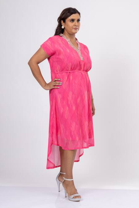 Shop_Mamicha_Pink Satin, Crepe Embroidery V-neck Antiquated Dress With Belt_Online_at_Aza_Fashions