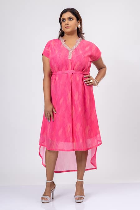 Mamicha Pink Satin, Crepe Embroidery V-neck Antiquated Dress With Belt