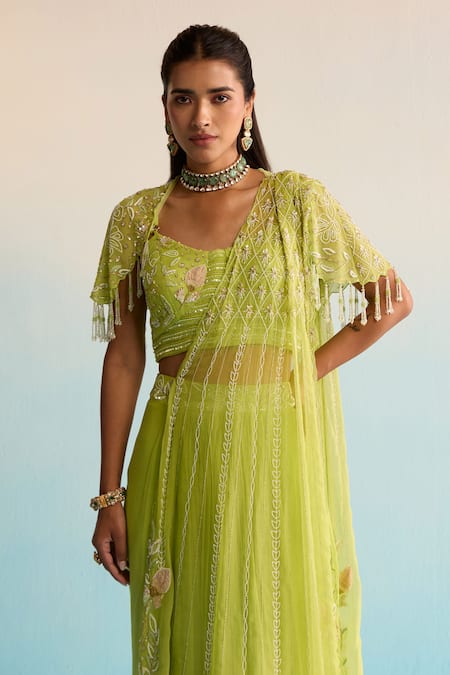 House Of Armuse_Green Chiffon Pearls, Sequins Scoop Neck Lime Minali Pre-draped Saree Set _Online_at_Aza_Fashions