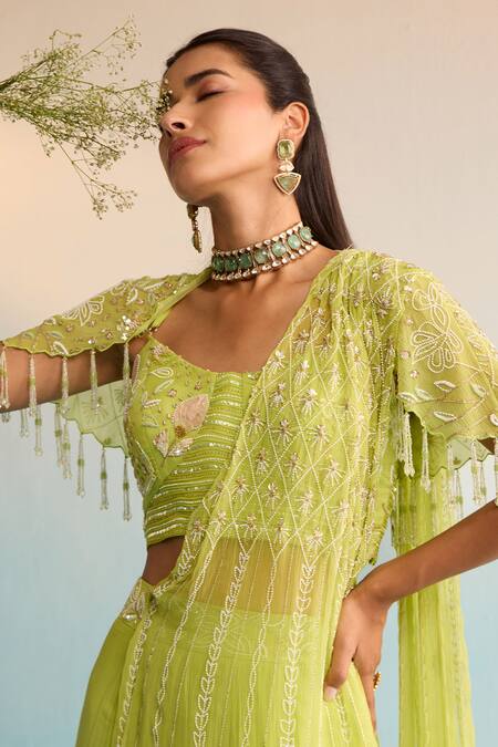 Buy_House Of Armuse_Green Chiffon Pearls, Sequins Scoop Neck Lime Minali Pre-draped Saree Set _Online_at_Aza_Fashions