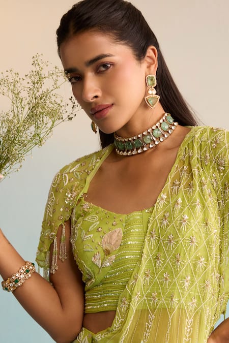 Shop_House Of Armuse_Green Chiffon Pearls, Sequins Scoop Neck Lime Minali Pre-draped Saree Set _Online_at_Aza_Fashions