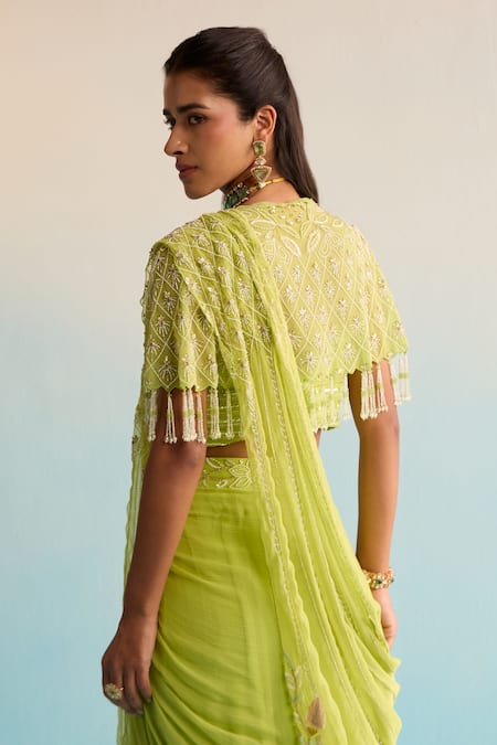 House Of Armuse Lime Green Minali Pre-Draped Saree Set 