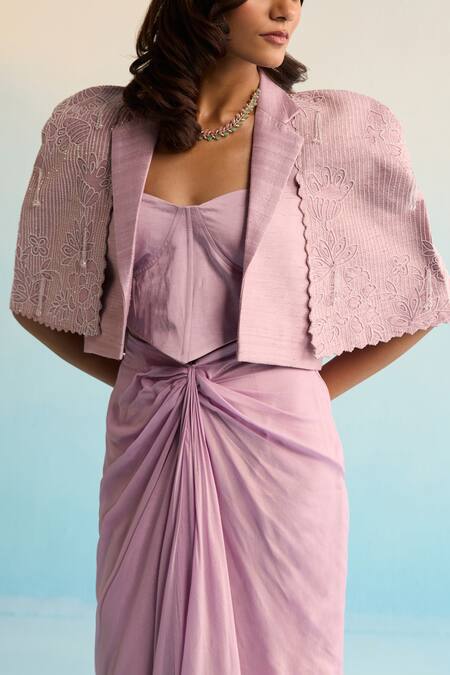 House Of Armuse_Lilac Silk Pearls Sweetheart Neck Velany Cape And Draped Skirt Set _Online_at_Aza_Fashions