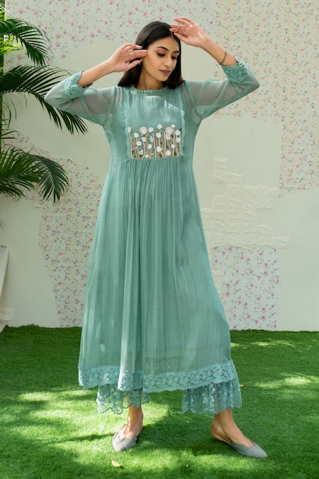 Buy Naaz By Noor Blue Cotton, Organza, Chanderi Thread Work, 3d Embroidered Kurta And Palazzo Set Online at Aza Fashions Buy_Naaz By Noor_Blue Cotton, Organza, Chanderi Thread Work, 3d Embroidered Kurta And Palazzo Set _Online_at_Aza_Fashions