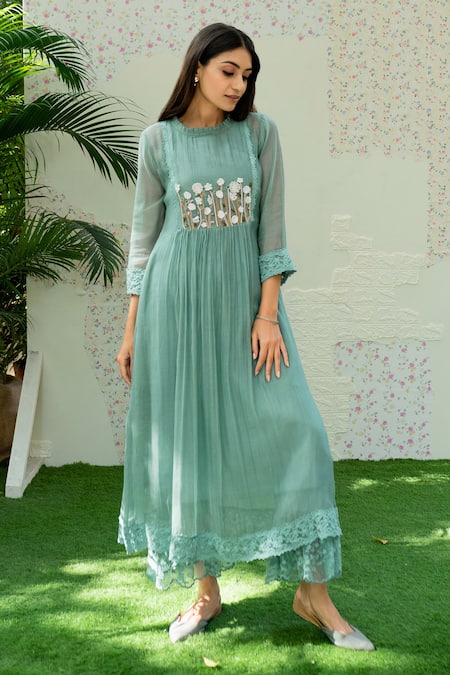 Shop Naaz By Noor Blue Cotton, Organza, Chanderi Thread Work, 3d Embroidered Kurta And Palazzo Set Online at Aza Fashions Shop_Naaz By Noor_Blue Cotton, Organza, Chanderi Thread Work, 3d Embroidered Kurta And Palazzo Set _Online_at_Aza_Fashions