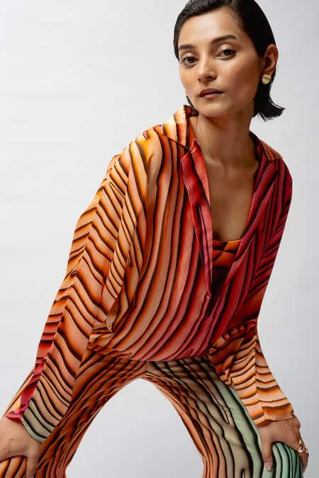 Shop_Forty Four_Multi Color Satin V-neck Printed Breeze Co-ord Set _Online_at_Aza_Fashions