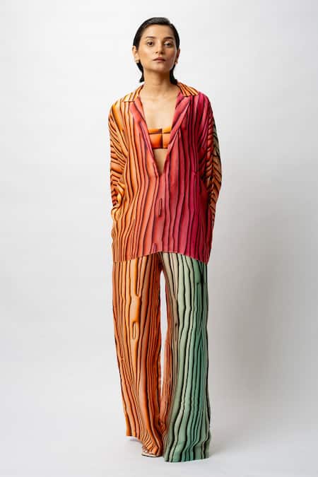 Forty Four_Multi Color Satin V-neck Printed Breeze Co-ord Set _at_Aza_Fashions