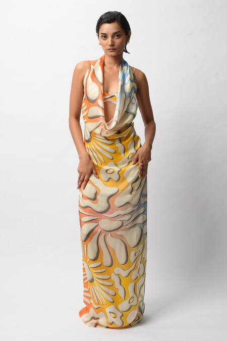 Forty Four_Multi Color Satin Halter Neck, Allure Backless Resort Gown _Online_at_Aza_Fashions