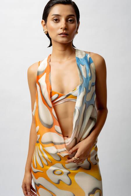Forty Four_Multi Color Satin Halter Neck, Allure Backless Resort Gown _at_Aza_Fashions