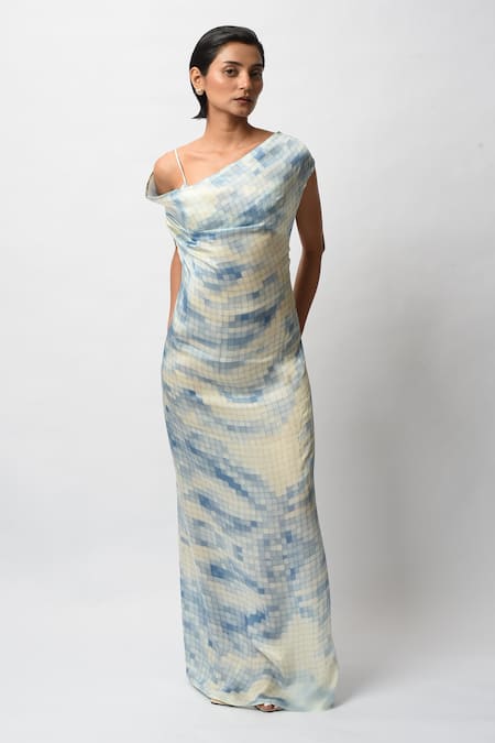 Buy_Forty Four_Blue Satin Halter Neck, Allure Backless Resort Gown _Online_at_Aza_Fashions