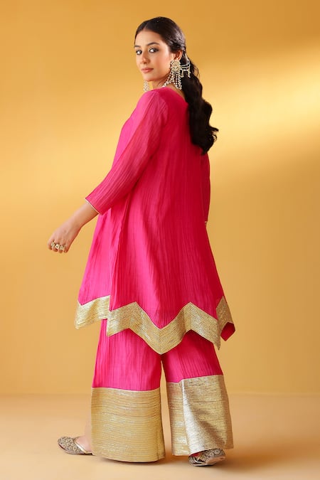 Palak & Mehak_Pink Chanderi Zari Round Neck Rani Kurta Sharara Set _Online_at_Aza_Fashions