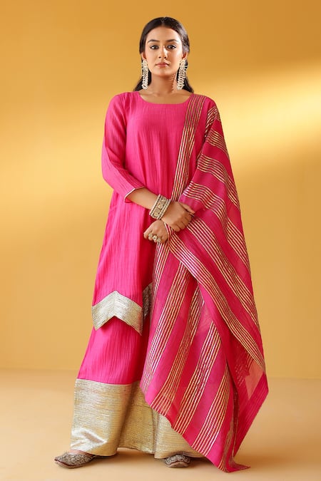 Palak & Mehak Pink Chanderi Zari Round Neck Rani Kurta Sharara Set 