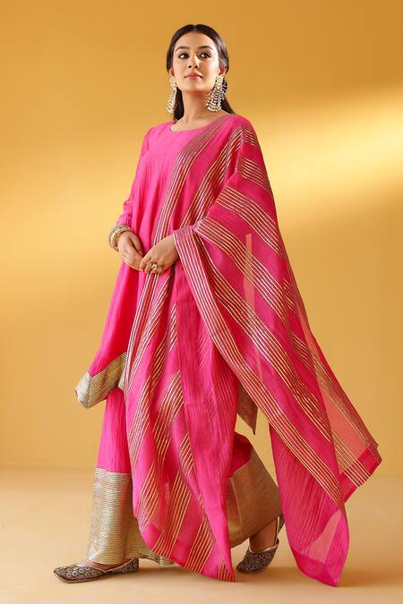 Shop_Palak & Mehak_Pink Chanderi Zari Round Neck Rani Kurta Sharara Set _Online_at_Aza_Fashions