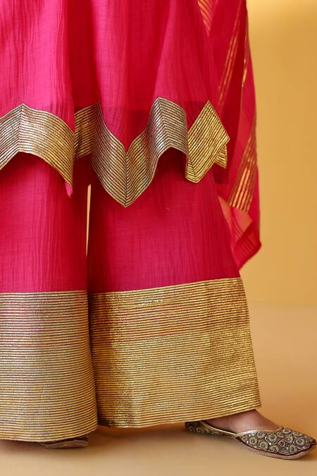 Palak & Mehak_Pink Chanderi Zari Round Neck Rani Kurta Sharara Set _at_Aza_Fashions