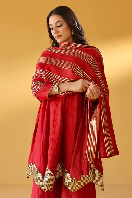 Palak & Mehak_Red Chanderi Zari Round Neck Kurta Sharara Set _Online_at_Aza_Fashions
