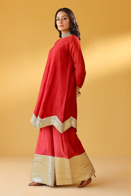 Buy_Palak & Mehak_Red Chanderi Zari Round Neck Kurta Sharara Set _Online_at_Aza_Fashions