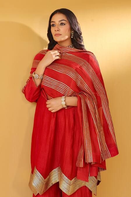 Shop_Palak & Mehak_Red Chanderi Zari Round Neck Kurta Sharara Set _Online_at_Aza_Fashions