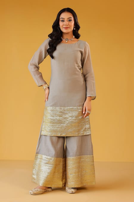 Palak & Mehak_Gray Chanderi Zari Round Neck Kurta Sharara Set _Online_at_Aza_Fashions