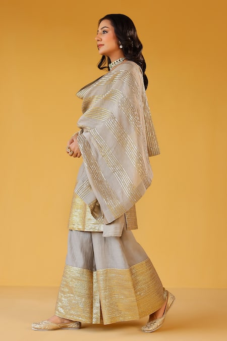 Shop_Palak & Mehak_Gray Chanderi Zari Round Neck Kurta Sharara Set _Online_at_Aza_Fashions
