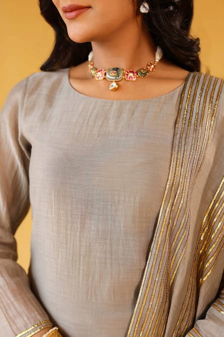 Palak & Mehak_Gray Chanderi Zari Round Neck Kurta Sharara Set _at_Aza_Fashions