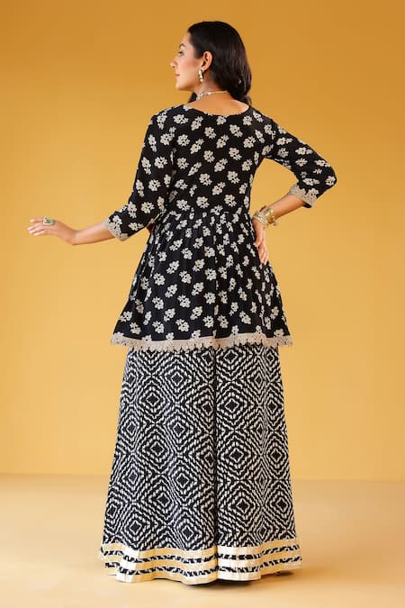 Palak & Mehak Black Floral Print Angarkha Set 