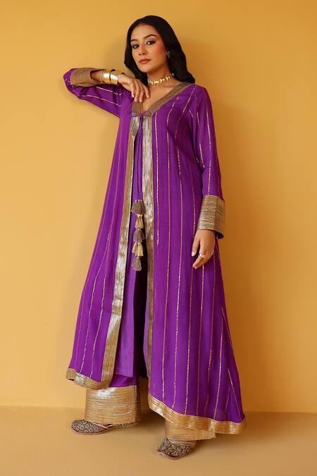 Palak & Mehak_Purple Rayon Tassels V-neck Striped Kurta Set _Online_at_Aza_Fashions