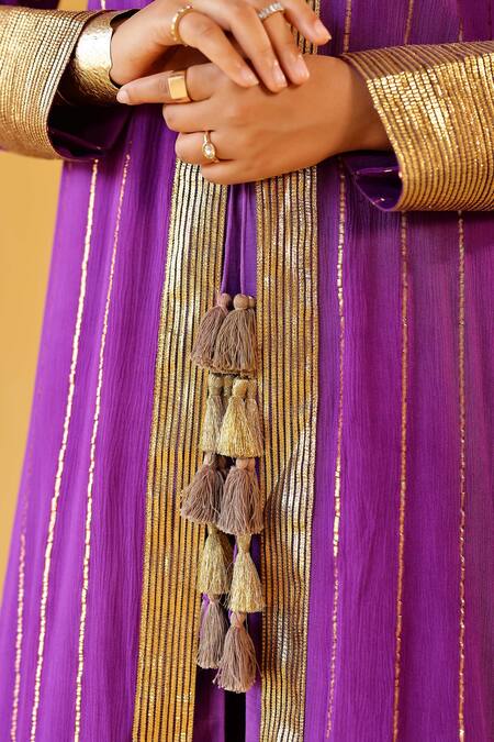 Buy_Palak & Mehak_Purple Rayon Tassels V-neck Striped Kurta Set _Online_at_Aza_Fashions