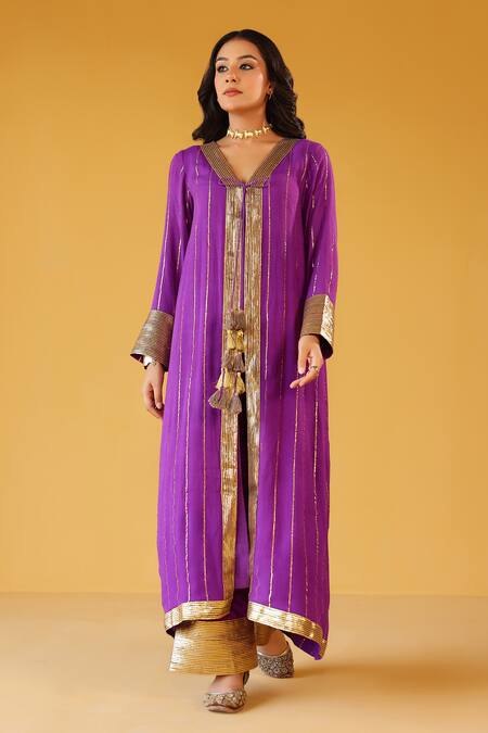 Shop_Palak & Mehak_Purple Rayon Tassels V-neck Striped Kurta Set _Online_at_Aza_Fashions