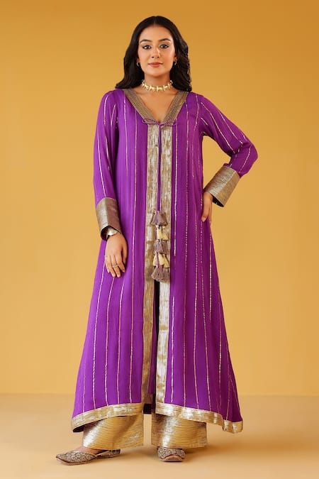 Palak & Mehak Purple Rayon Tassels V-neck Striped Kurta Set 