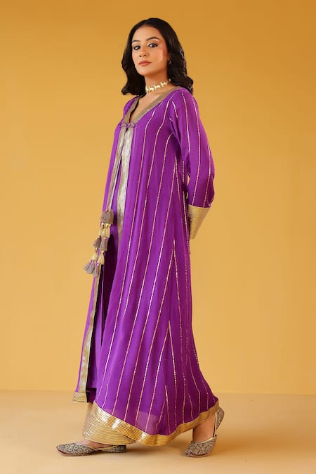 Palak & Mehak_Purple Rayon Tassels V-neck Striped Kurta Set _at_Aza_Fashions
