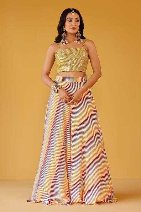 Palak & Mehak_Yellow Chanderi, Crepe Open Neck Multi Color Striped Crop Top And Skirt Set _Online_at_Aza_Fashions