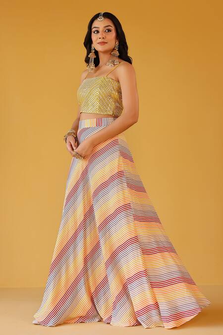 Buy_Palak & Mehak_Yellow Chanderi, Crepe Open Neck Multi Color Striped Crop Top And Skirt Set _Online_at_Aza_Fashions