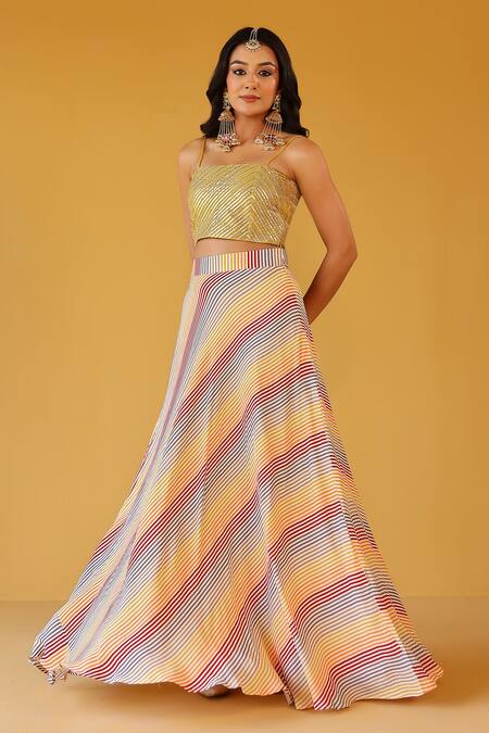 Shop_Palak & Mehak_Yellow Chanderi, Crepe Open Neck Multi Color Striped Crop Top And Skirt Set _Online_at_Aza_Fashions