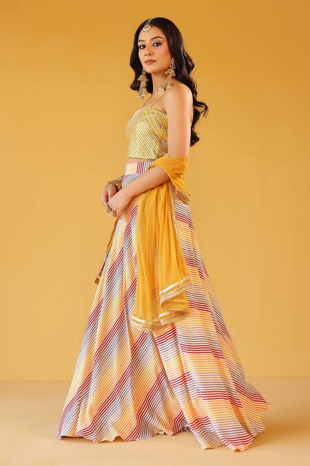 Palak & Mehak_Yellow Chanderi, Crepe Open Neck Multi Color Striped Crop Top And Skirt Set _at_Aza_Fashions