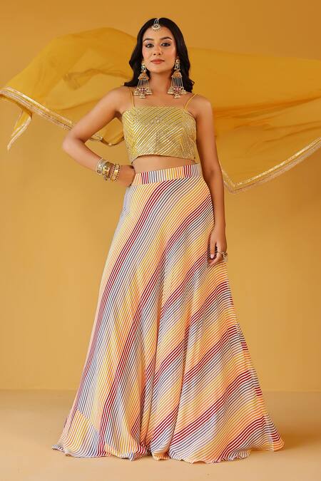 Buy_Palak & Mehak_Yellow Chanderi, Crepe Open Neck Multi Color Striped Crop Top And Skirt Set 