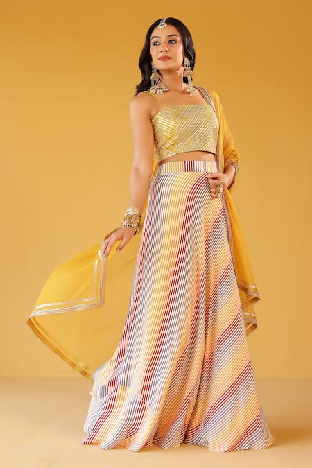 Palak & Mehak Yellow Chanderi, Crepe Open Neck Multi Color Striped Crop Top And Skirt Set 