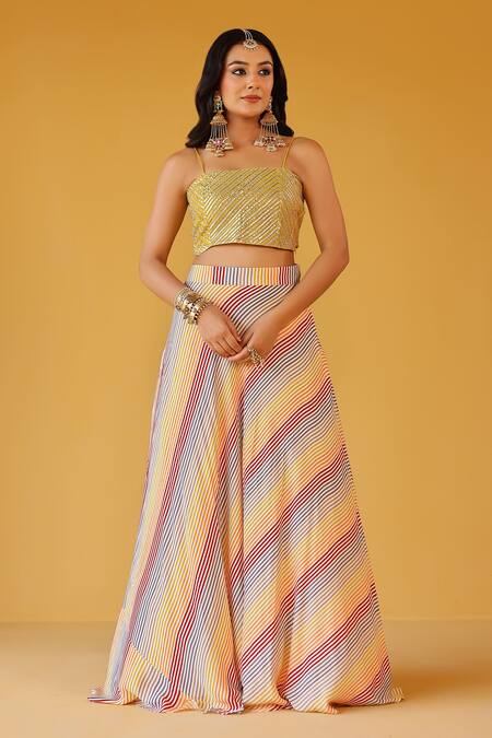 Palak & Mehak_Yellow Chanderi, Crepe, Cotton Open Neck, Multi Color Striped Tunic And Skirt Set _Online_at_Aza_Fashions