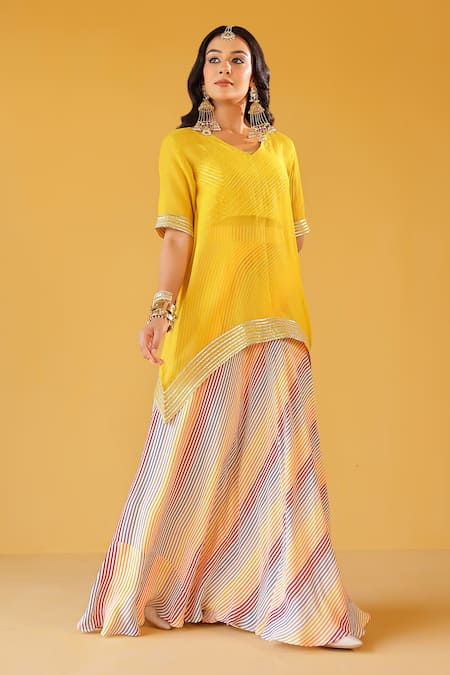 Palak & Mehak Yellow Chanderi, Crepe, Cotton Open Neck, Multi Color Striped Tunic And Skirt Set 