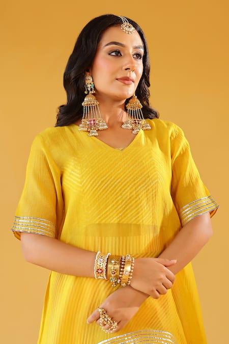 Buy_Palak & Mehak_Yellow Chanderi, Crepe, Cotton Open Neck, Multi Color Striped Tunic And Skirt Set 